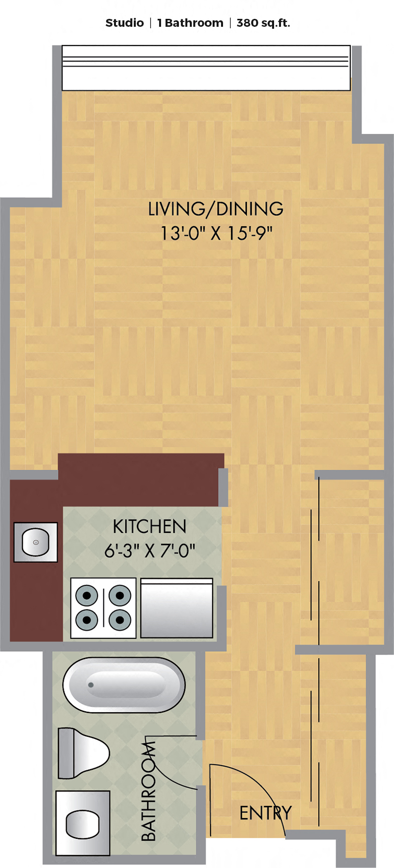 Floor plan for studio, 1 bath, 402 sqft